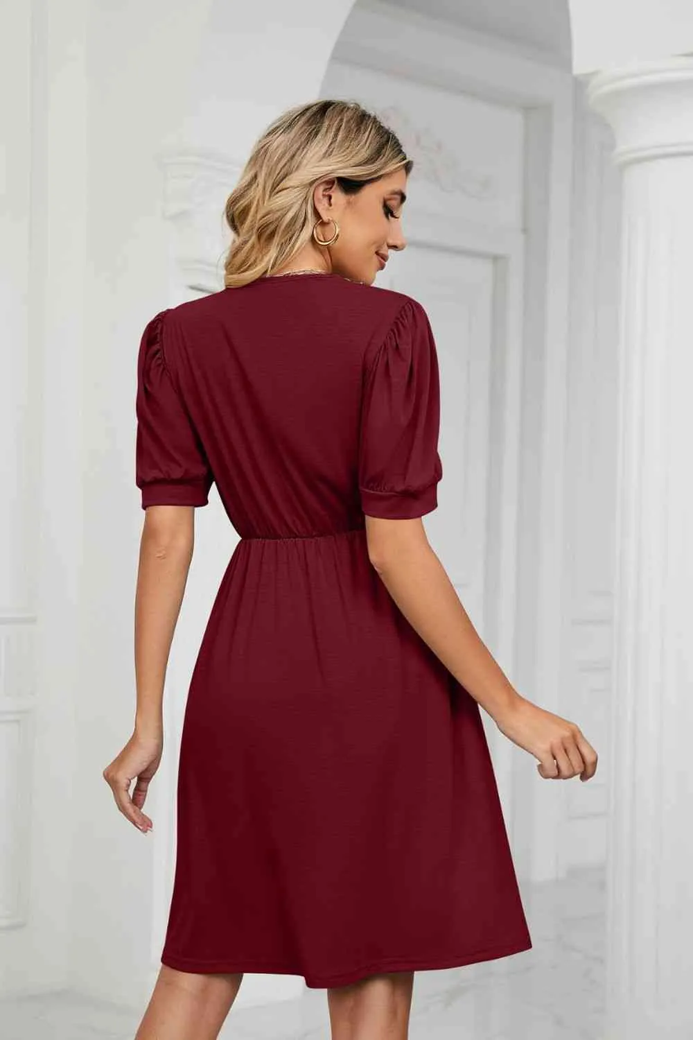 Contrast Color V-Neck Puff Sleeve Pocket Dress (8 Colors)