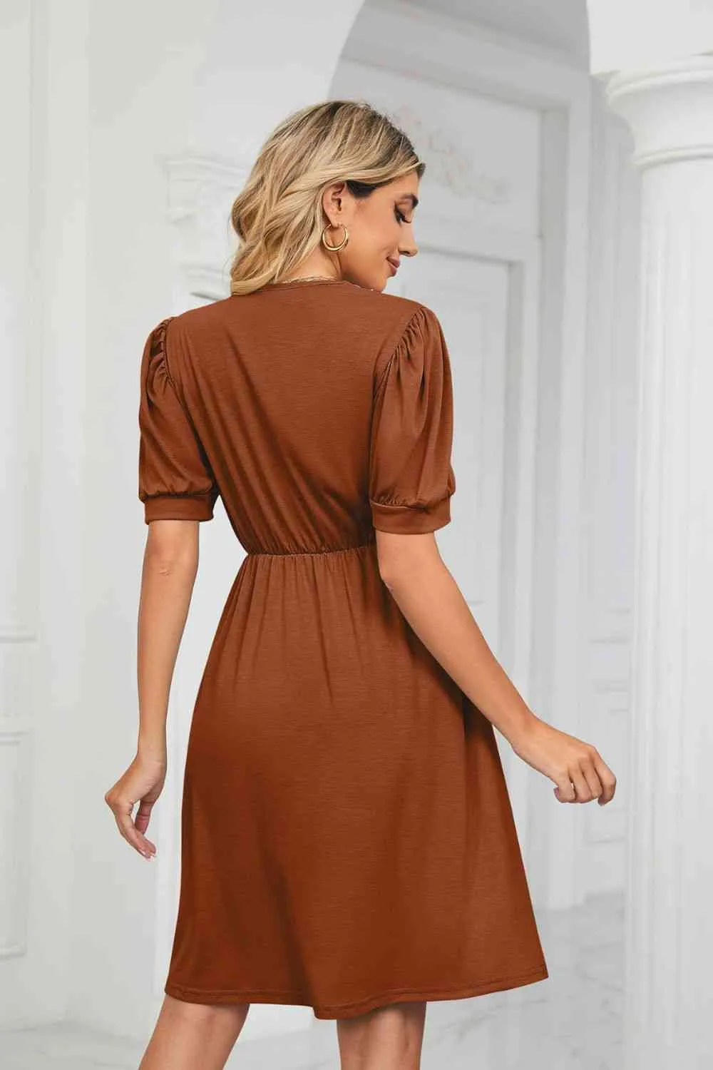 Contrast Color V-Neck Puff Sleeve Pocket Dress (8 Colors)
