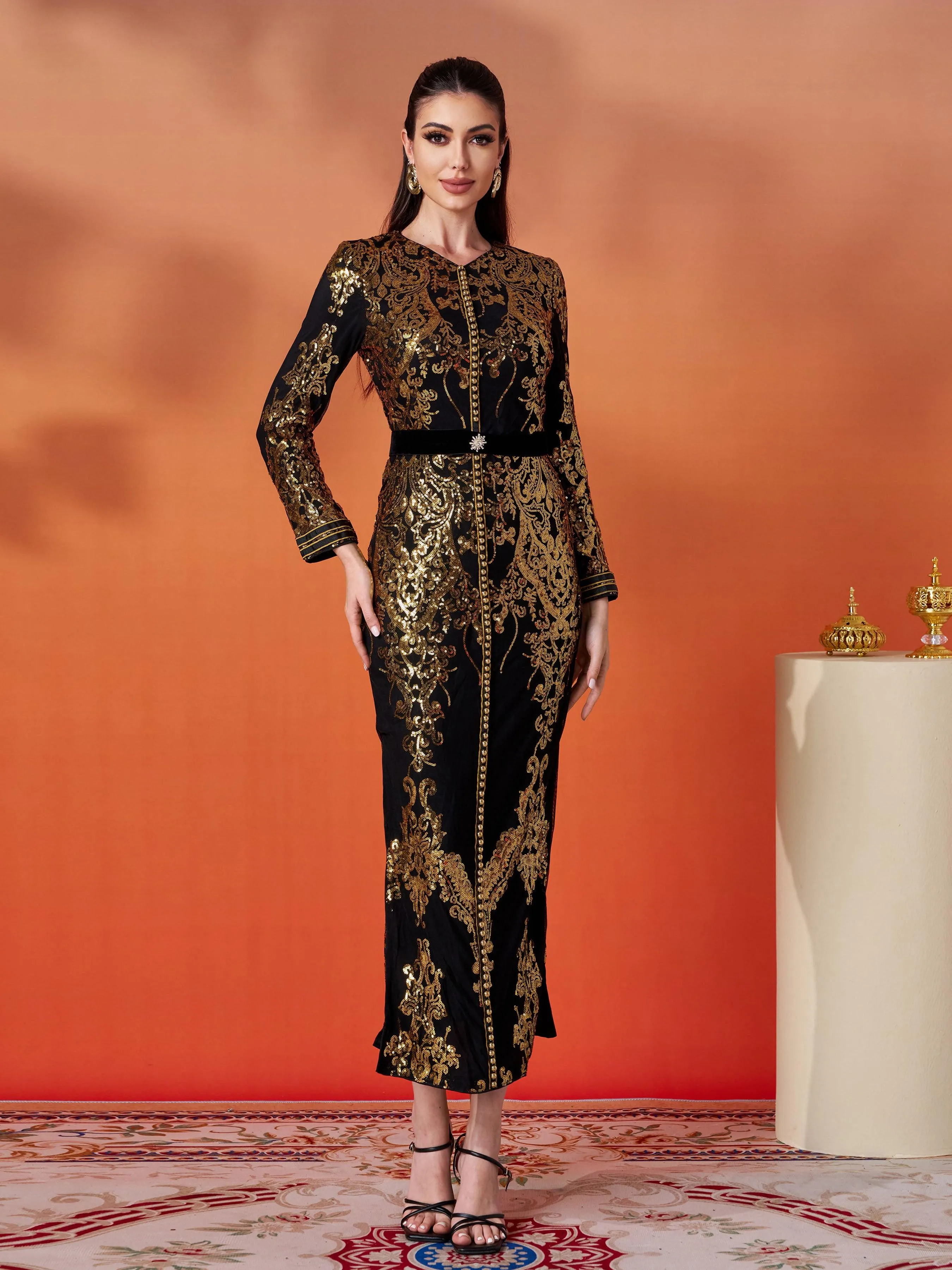 Contrast High Waist  Sequin Formal Dress MES00431