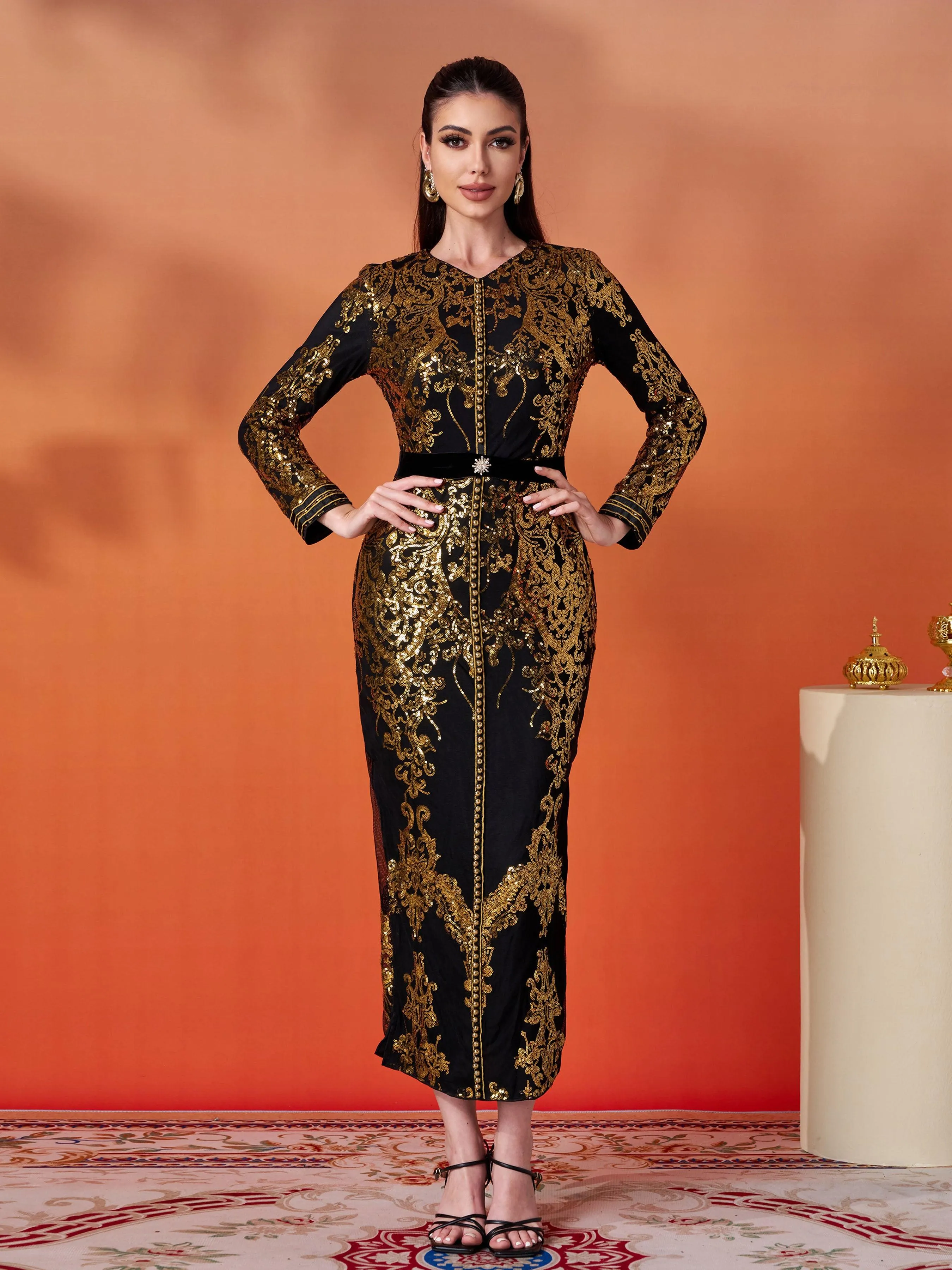 Contrast High Waist  Sequin Formal Dress MES00431