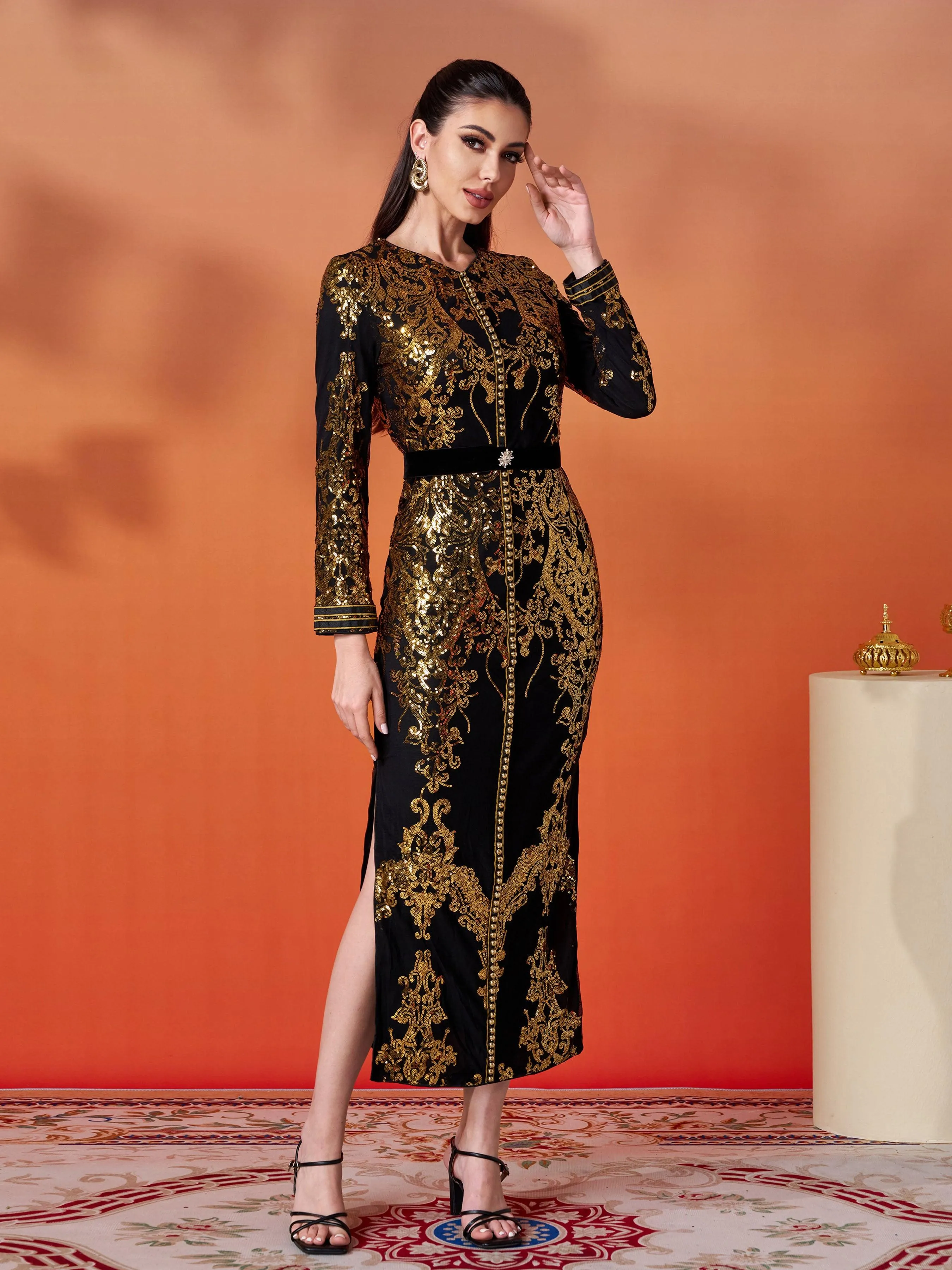 Contrast High Waist  Sequin Formal Dress MES00431