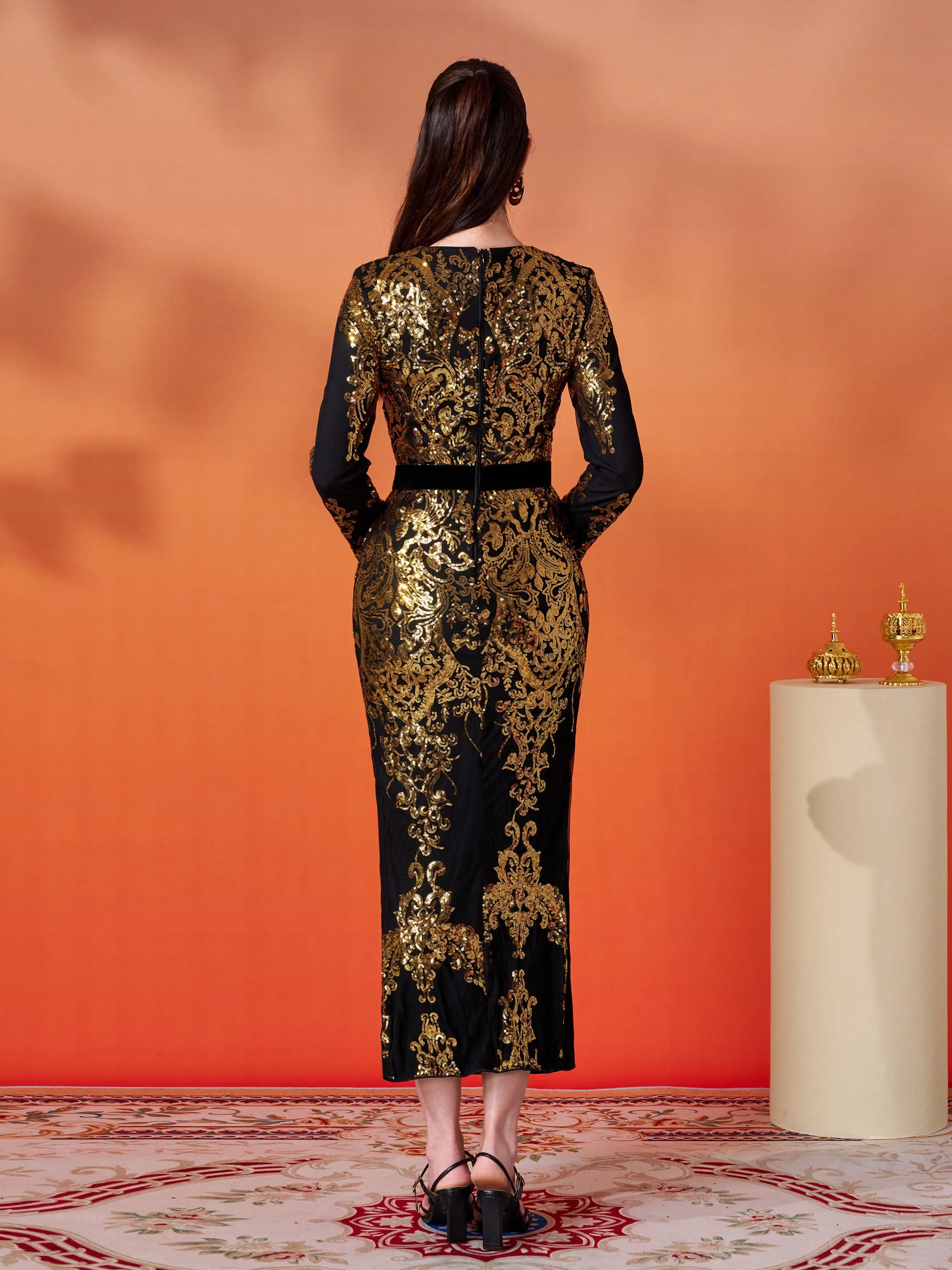 Contrast High Waist  Sequin Formal Dress MES00431