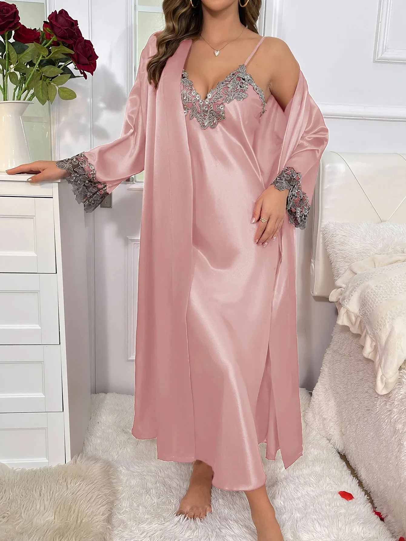 Contrast Lace  Long Sleeve Belted Robe V Neck Slip Dress Sexy Elegant Women Pajamas  Sets