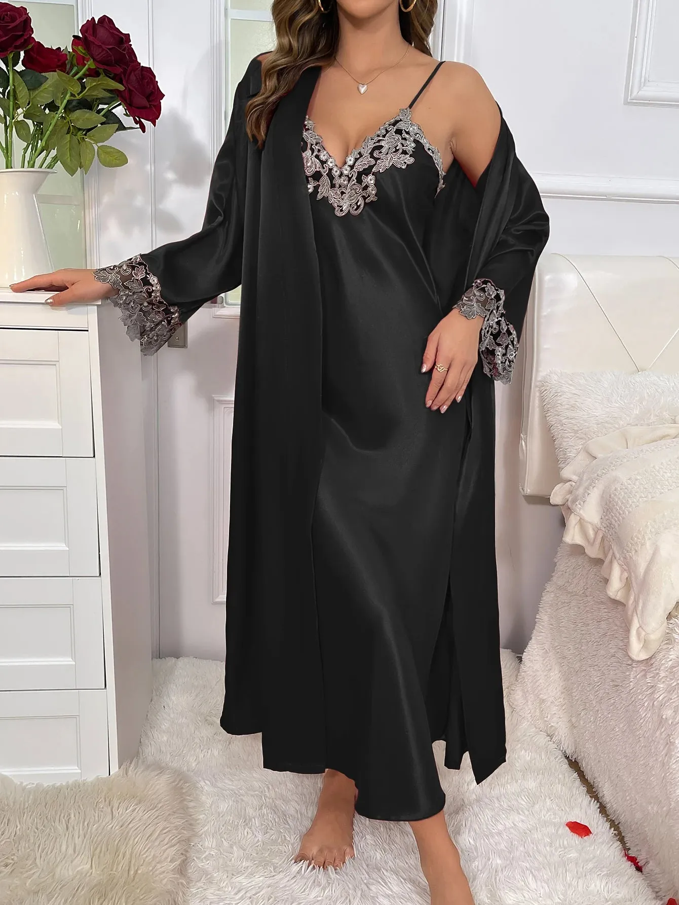 Contrast Lace  Long Sleeve Belted Robe V Neck Slip Dress Sexy Elegant Women Pajamas  Sets