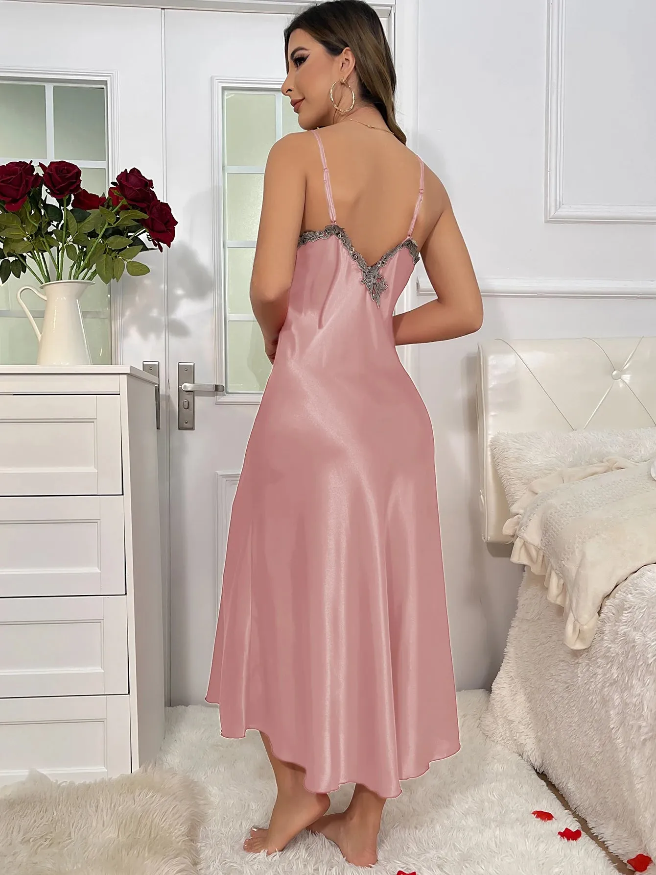Contrast Lace  Long Sleeve Belted Robe V Neck Slip Dress Sexy Elegant Women Pajamas  Sets