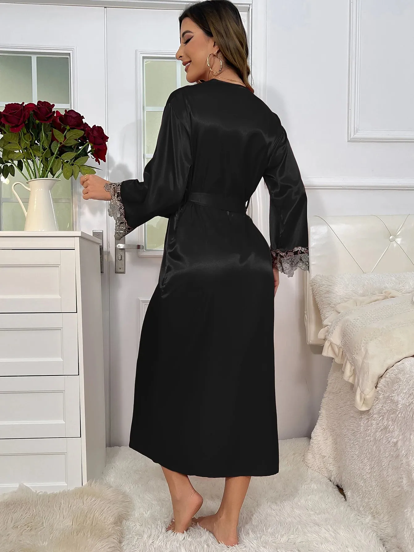 Contrast Lace  Long Sleeve Belted Robe V Neck Slip Dress Sexy Elegant Women Pajamas  Sets