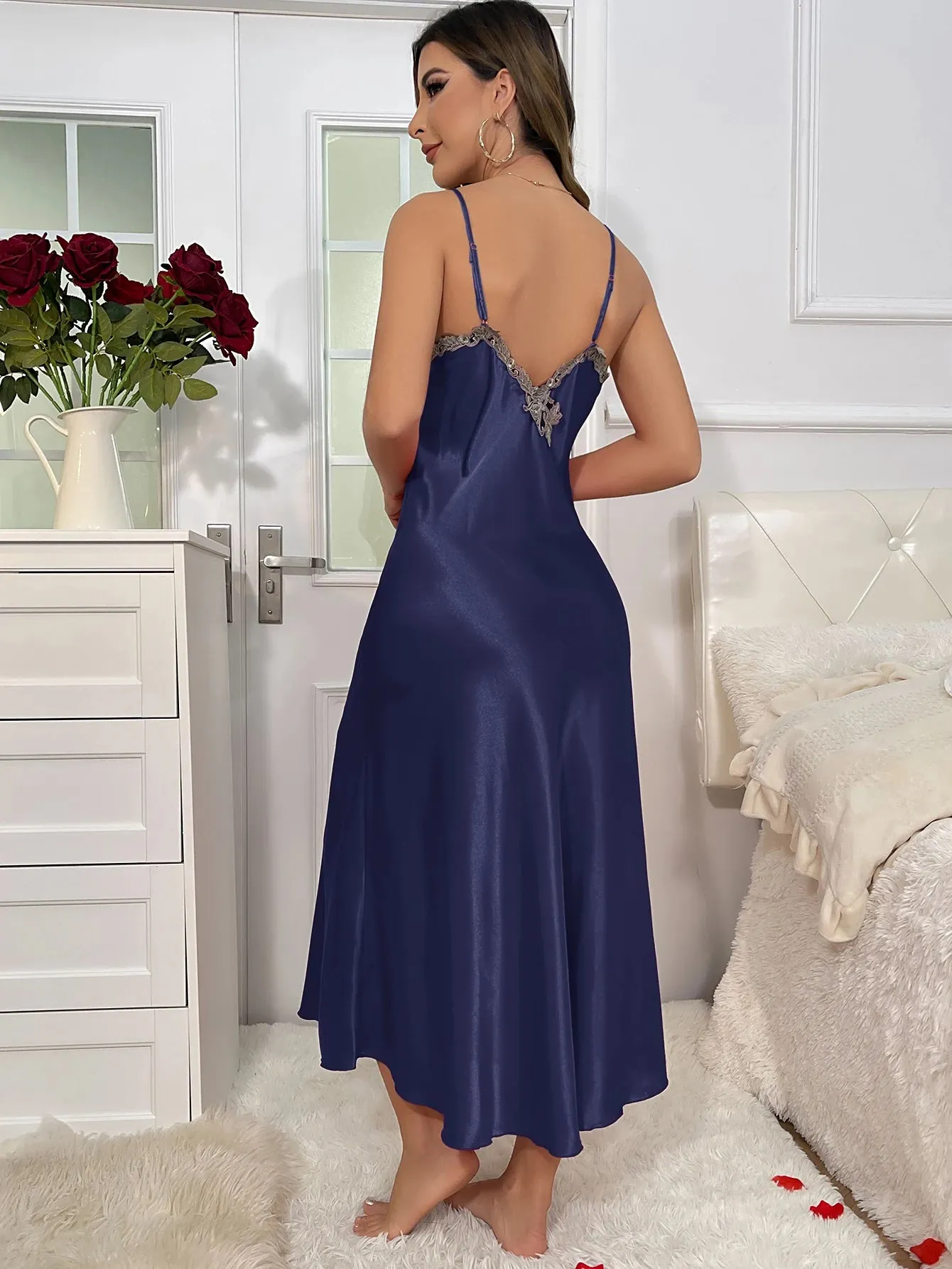 Contrast Lace  Long Sleeve Belted Robe V Neck Slip Dress Sexy Elegant Women Pajamas  Sets