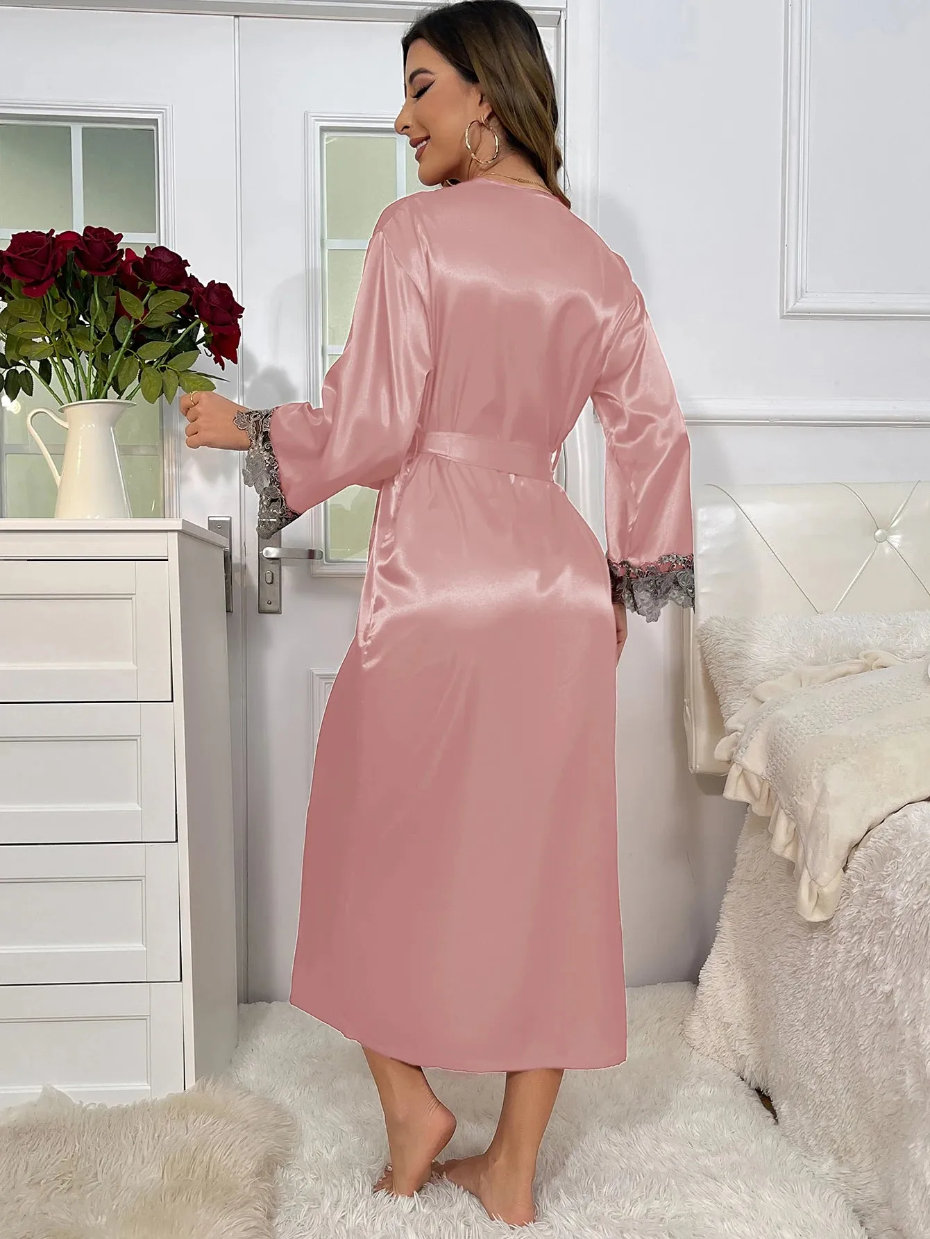Contrast Lace  Long Sleeve Belted Robe V Neck Slip Dress Sexy Elegant Women Pajamas  Sets