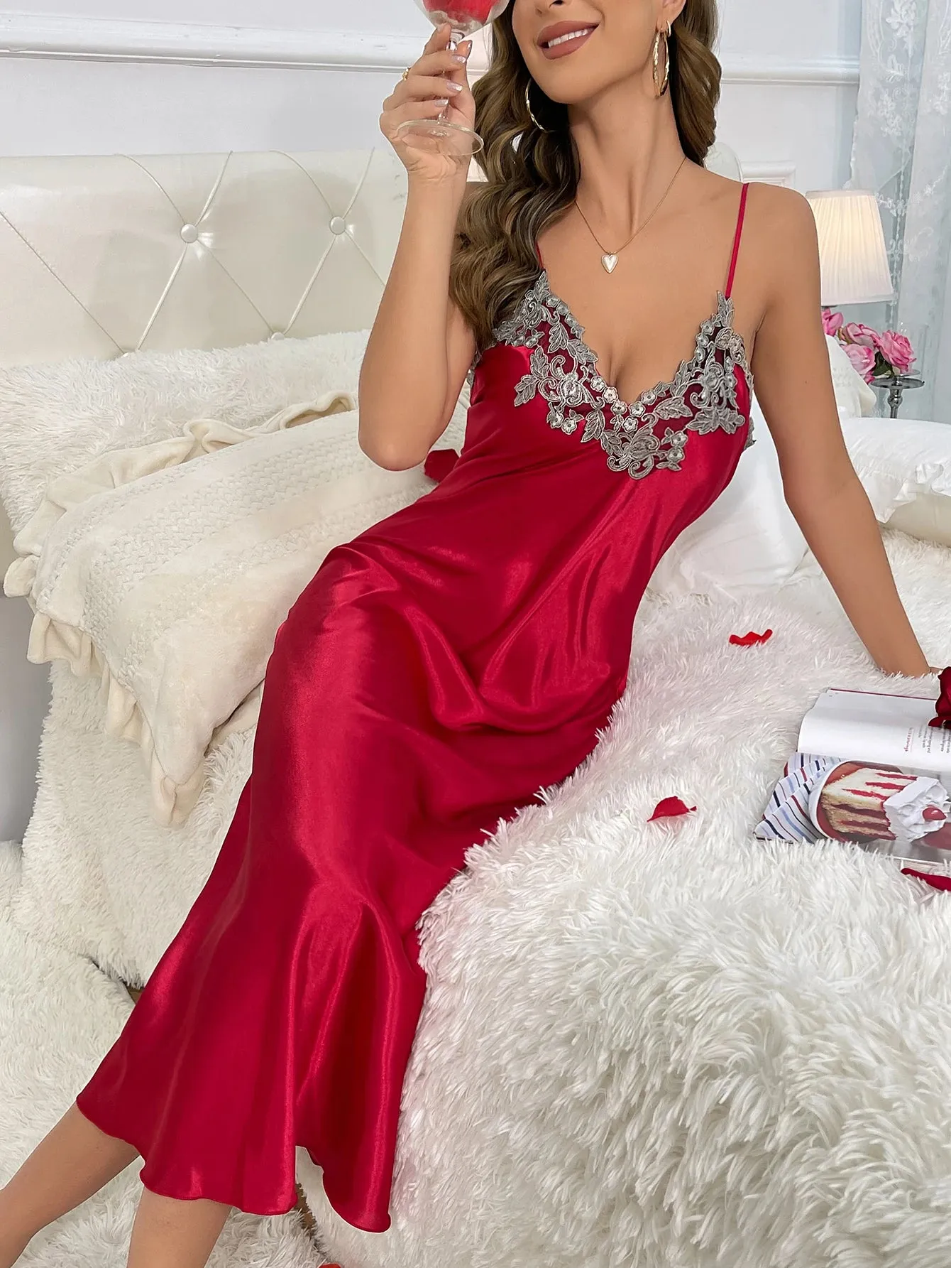 Contrast Lace  Long Sleeve Belted Robe V Neck Slip Dress Sexy Elegant Women Pajamas  Sets