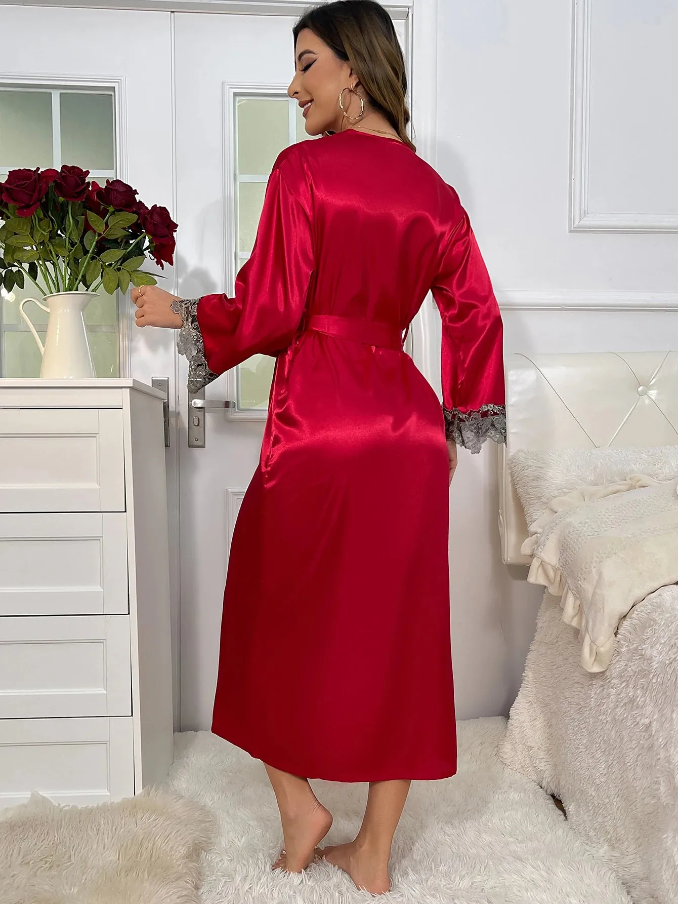 Contrast Lace  Long Sleeve Belted Robe V Neck Slip Dress Sexy Elegant Women Pajamas  Sets