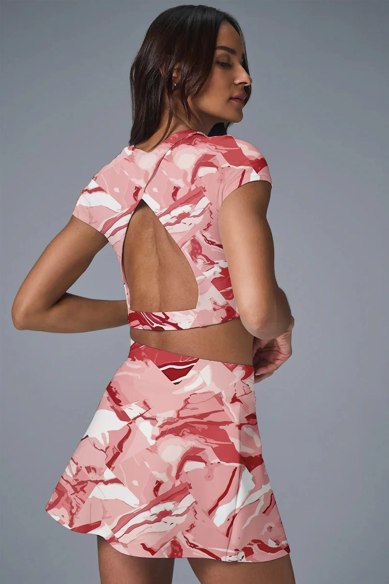 Coral Crush Set – Blush Pink Camo Crop Top & Skirt Activewear for Women