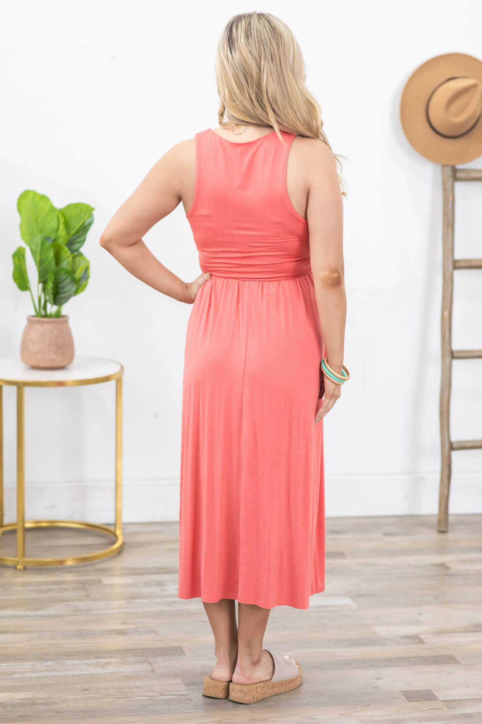 Coral Sleeveless Jersey Midi Dress