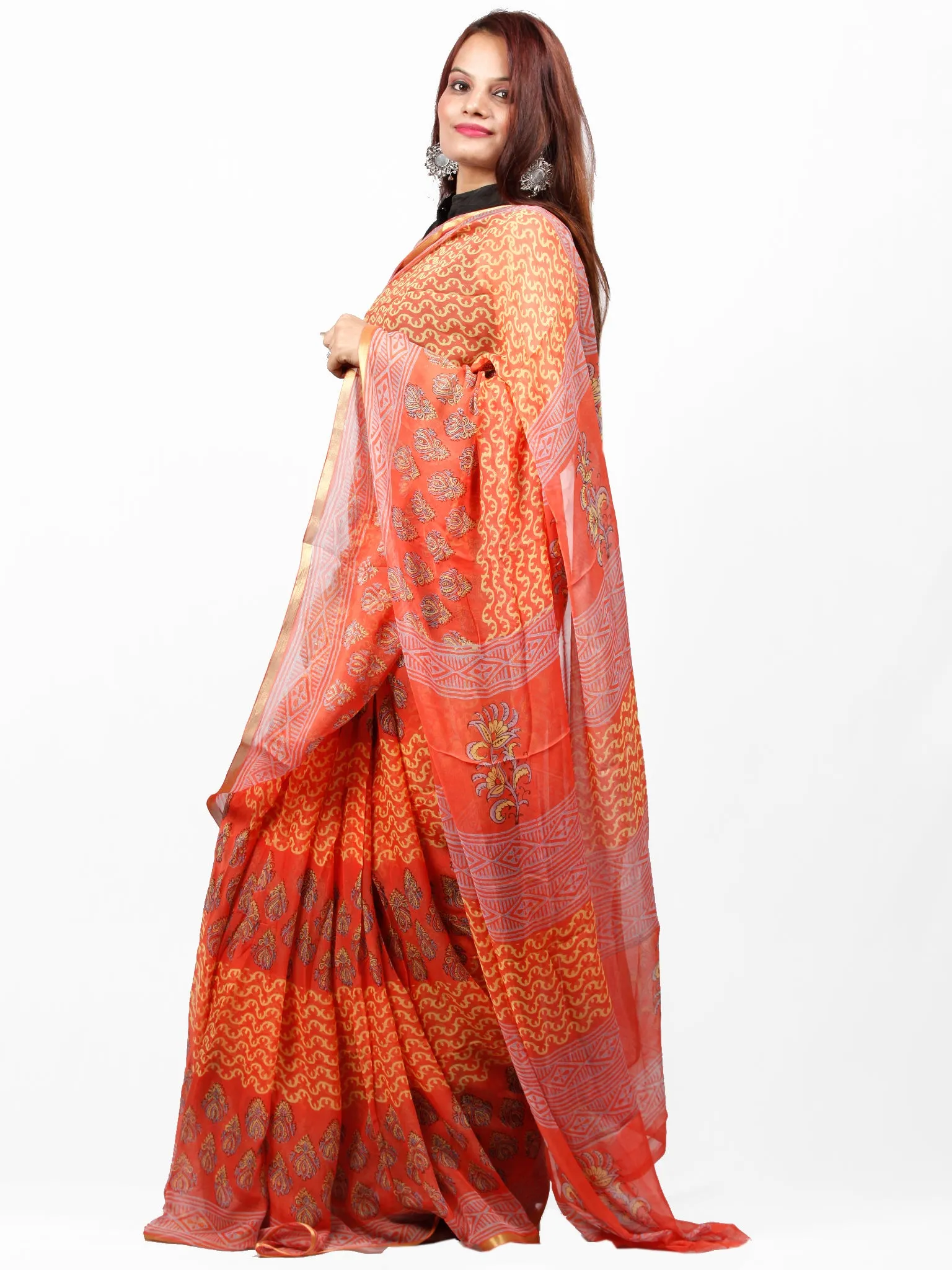 Coral Yellow Grey Hand Block Printed Chiffon Saree with Zari Border - S031703437