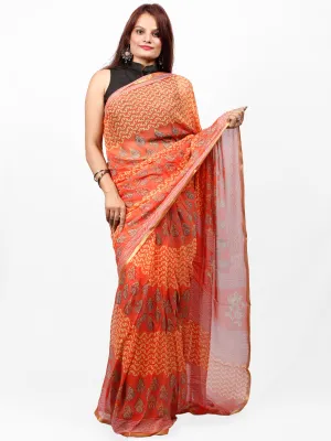 Coral Yellow Grey Hand Block Printed Chiffon Saree with Zari Border - S031703437