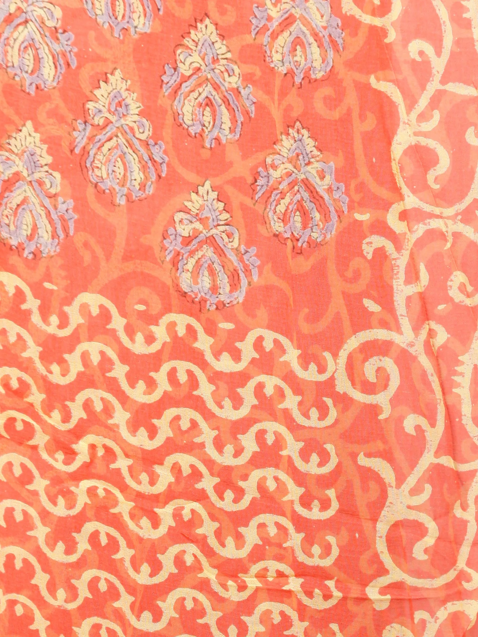 Coral Yellow Grey Hand Block Printed Chiffon Saree with Zari Border - S031703437