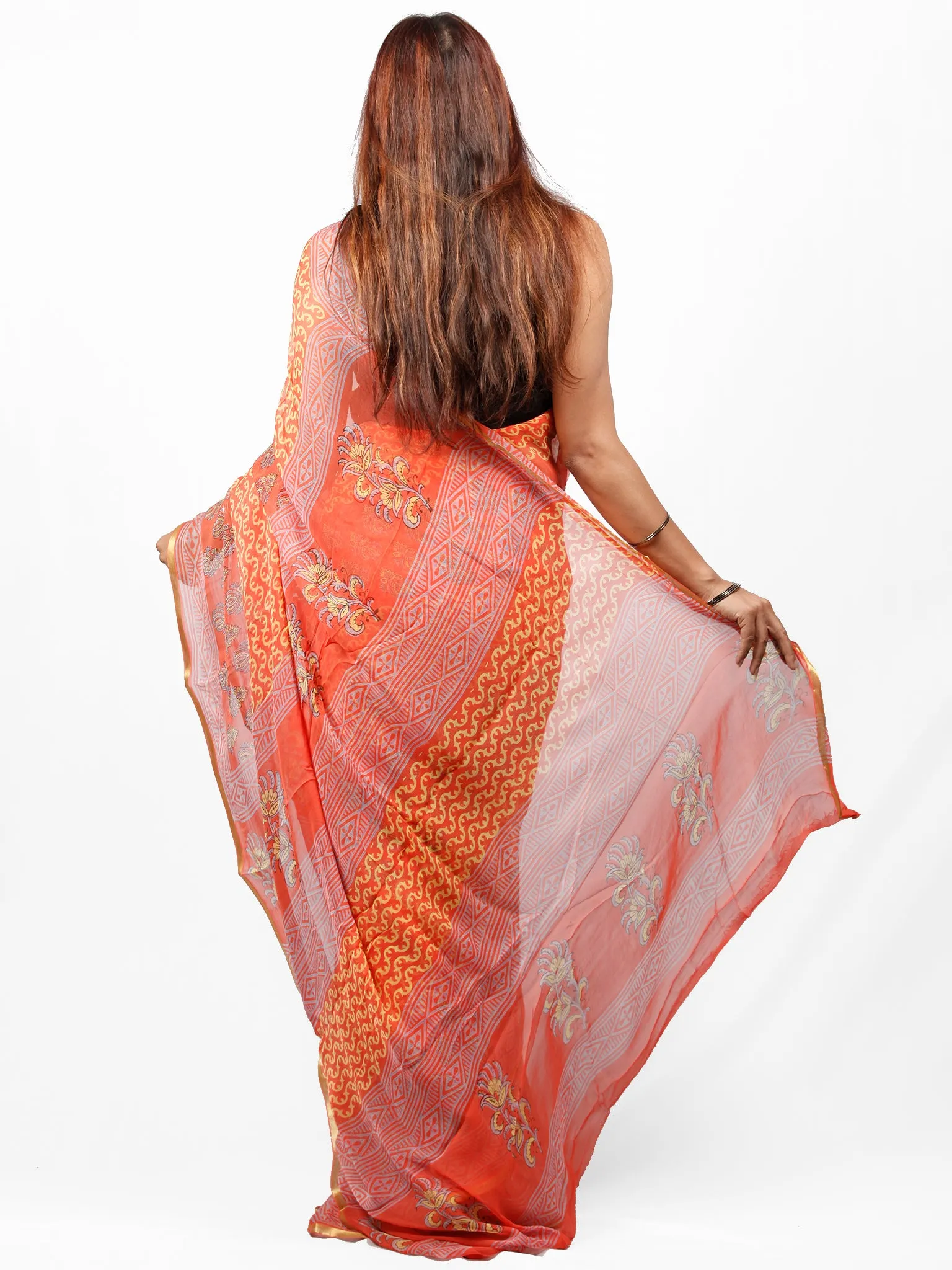Coral Yellow Grey Hand Block Printed Chiffon Saree with Zari Border - S031703437