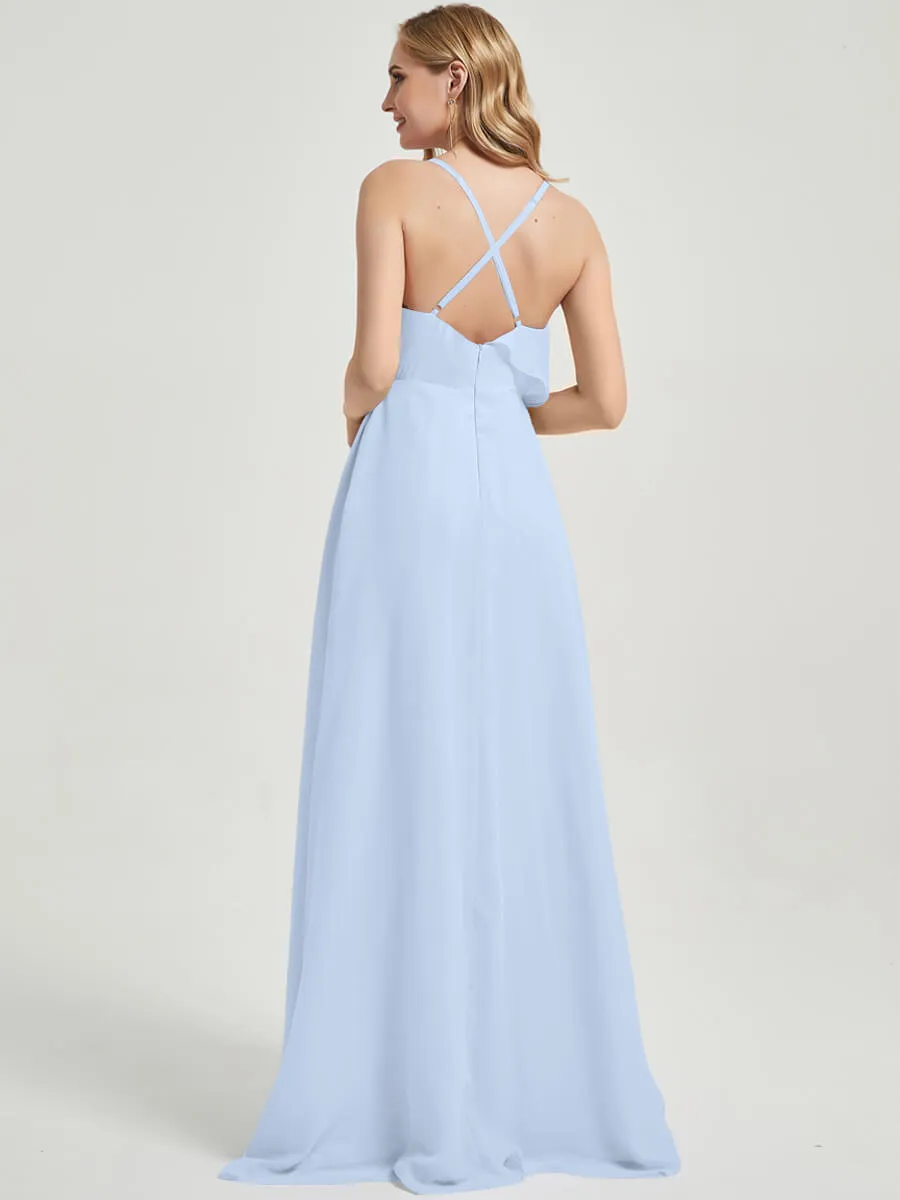 Cornflower Blue Criss-Cross Straps Ruffles Chiffon Bridesmaid Dress