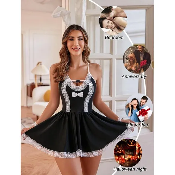 Cosplay Lingerie Set Mesh Chemise Lace Roleplay Outfit 4 Piece Strap Nightwear