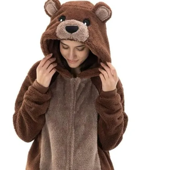 COSUSKET Snug Fit Unisex Adult Onesie Pajamas Flannel Brown Bear XL NWOT