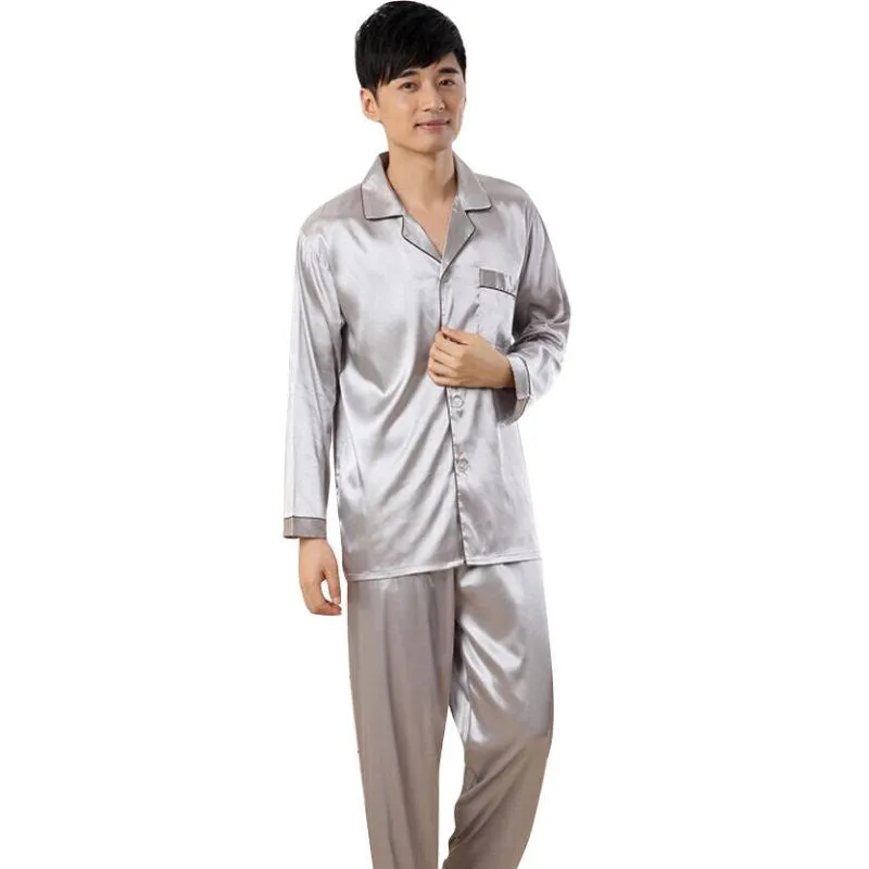 Couples Pajamas Sets Men Women Long Sleeve Sleepwear Homewear Nightshirt Soft Faux Silk Satin