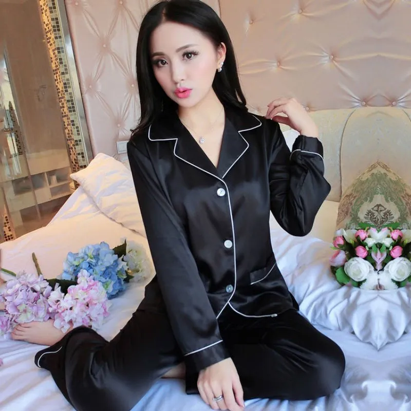 Couples Pajamas Sets Men Women Long Sleeve Sleepwear Homewear Nightshirt Soft Faux Silk Satin