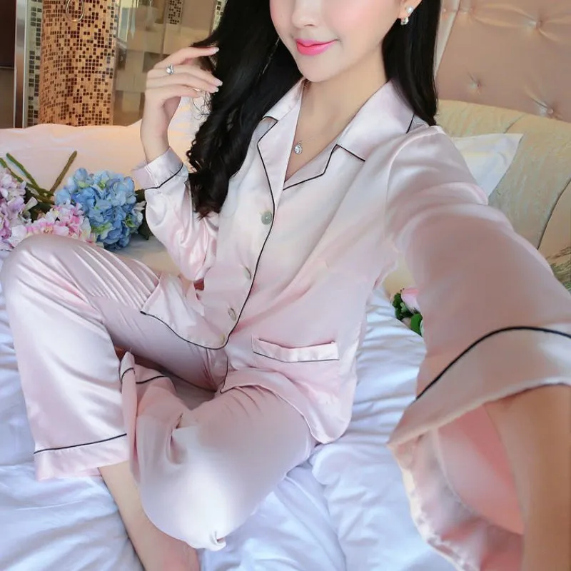 Couples Pajamas Sets Men Women Long Sleeve Sleepwear Homewear Nightshirt Soft Faux Silk Satin