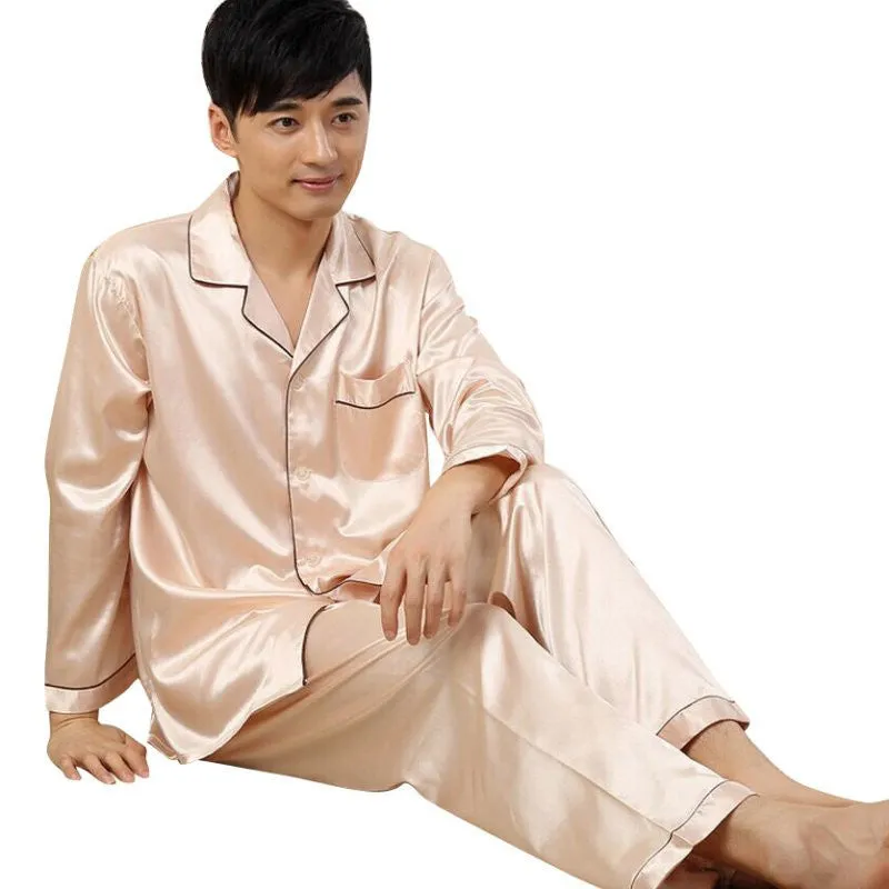 Couples Pajamas Sets Men Women Long Sleeve Sleepwear Homewear Nightshirt Soft Faux Silk Satin