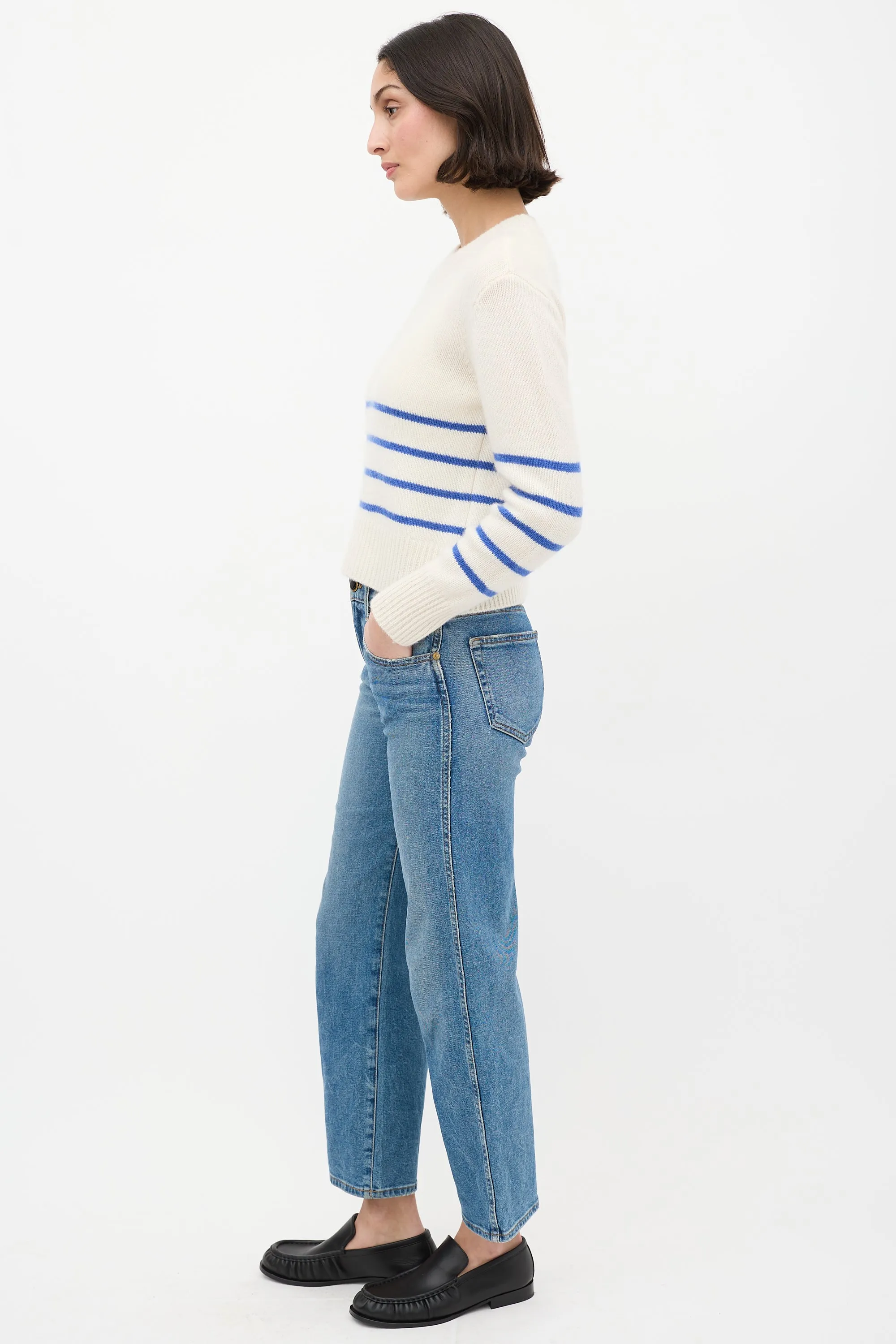 Cream & Blue Cashmere Striped Sweater