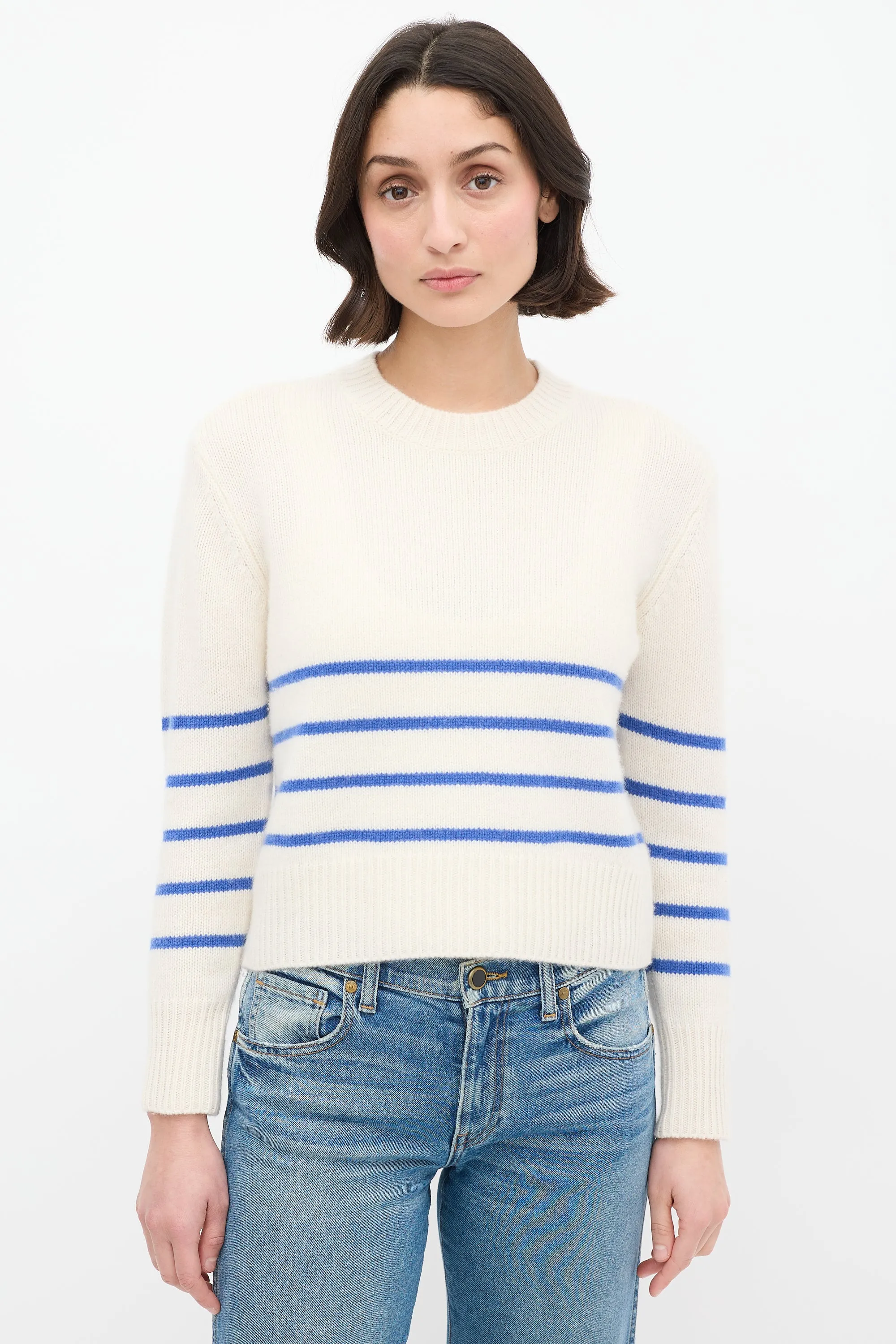 Cream & Blue Cashmere Striped Sweater