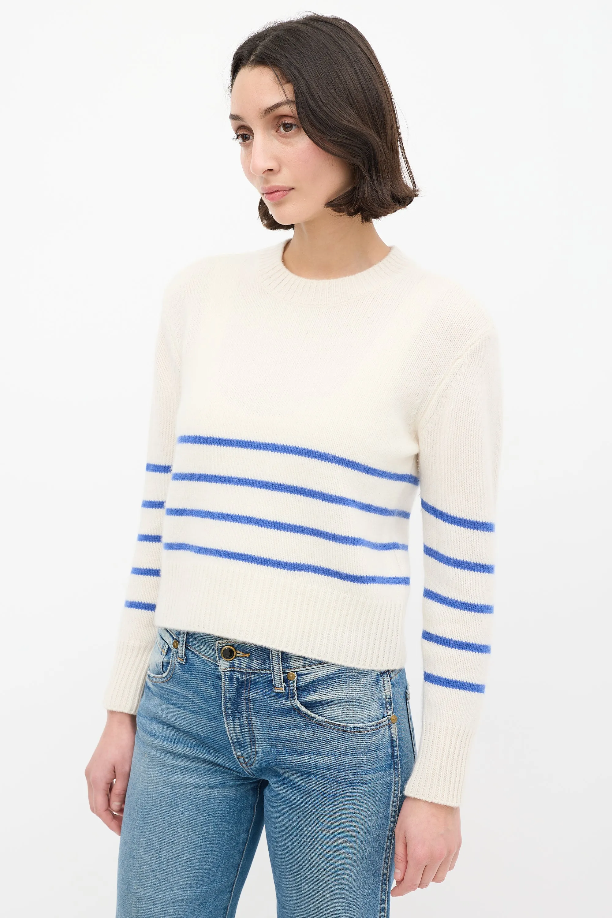 Cream & Blue Cashmere Striped Sweater