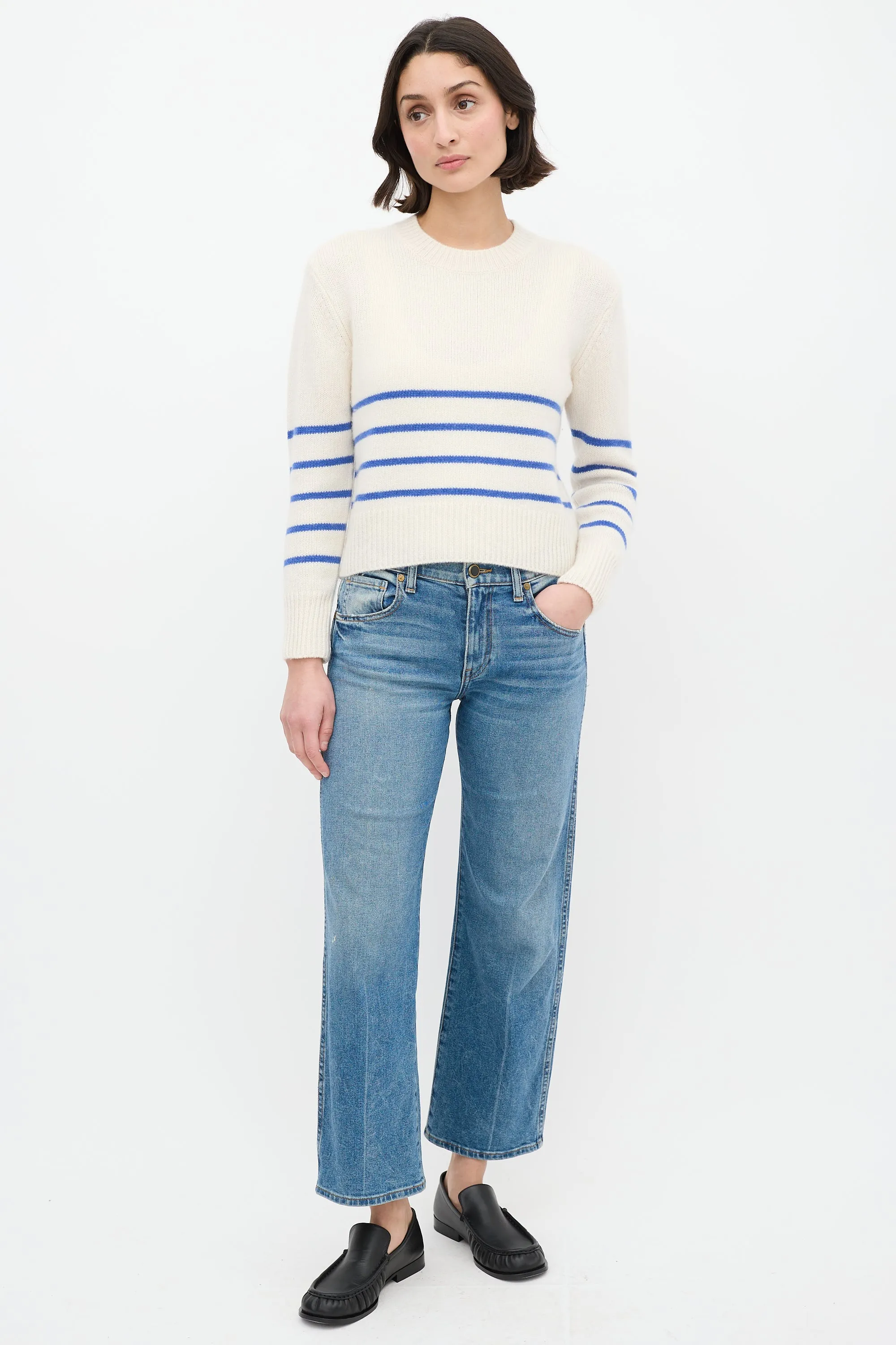 Cream & Blue Cashmere Striped Sweater