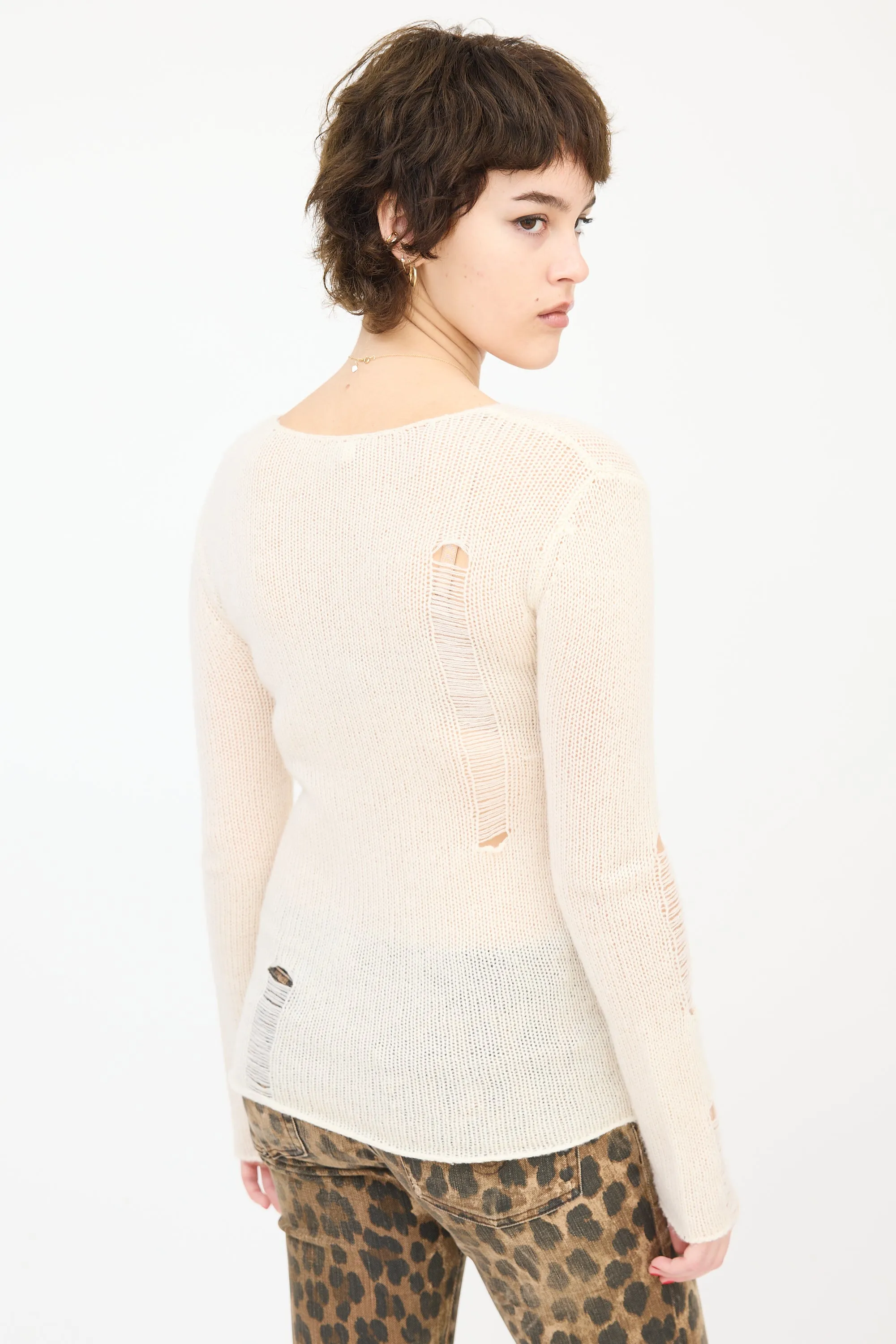 Cream Cashmere Distressed Knit Sweater