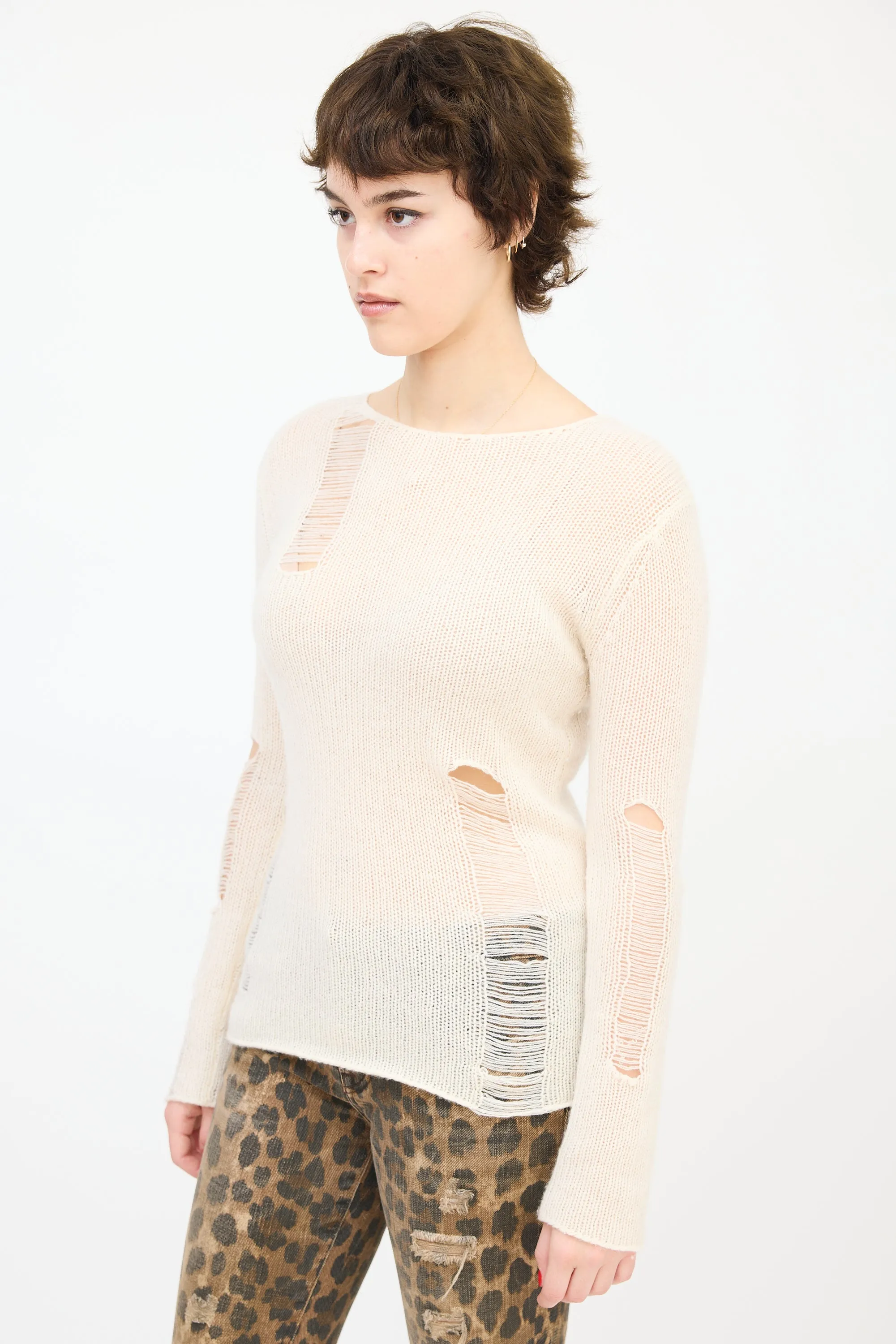 Cream Cashmere Distressed Knit Sweater
