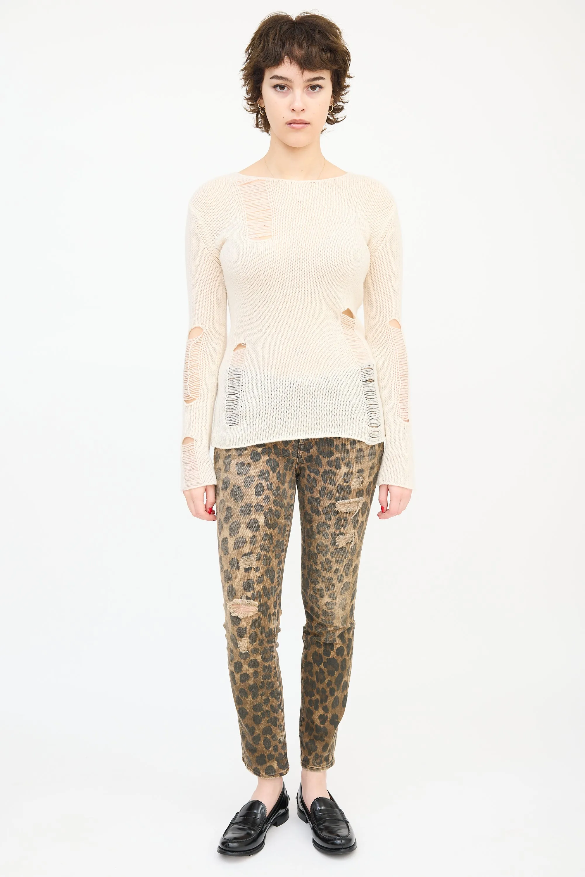 Cream Cashmere Distressed Knit Sweater
