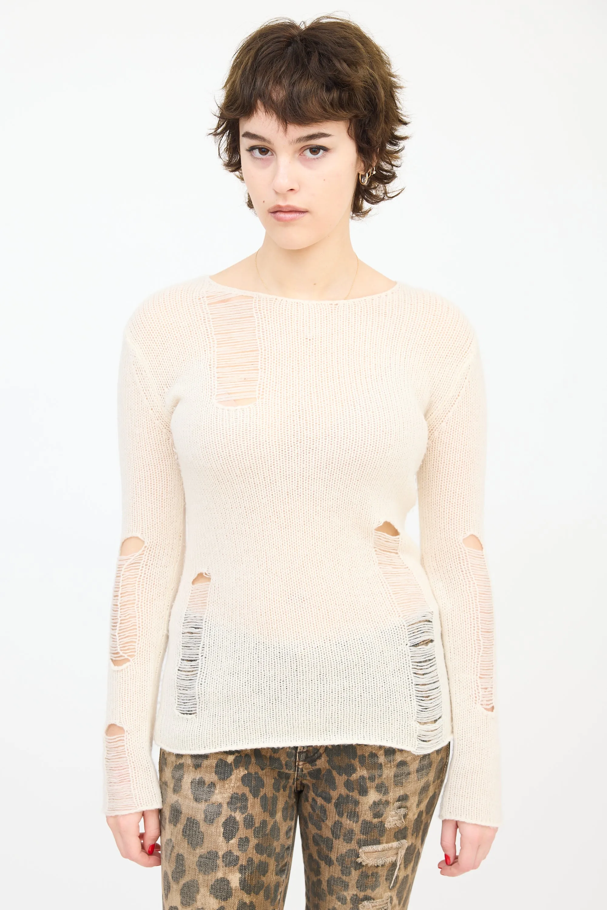 Cream Cashmere Distressed Knit Sweater
