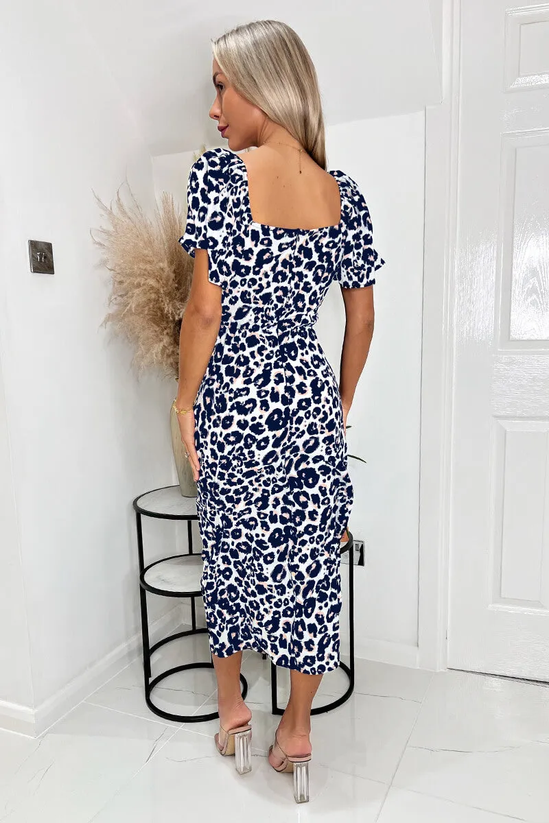 Cream Pink and Navy Animal Print Short Sleeve Tie Front Midi Dress