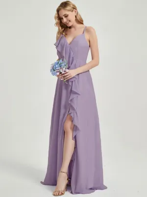 Criss-Cross Straps Ruffles Slit Chiffon Bridesmaid Dress Dusty Purple