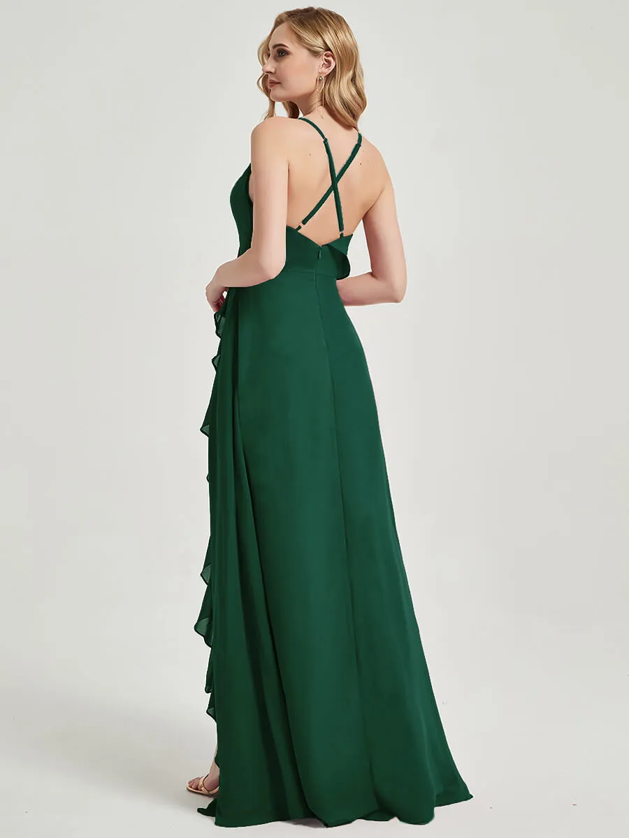 Criss-Cross Straps Ruffles Slit Chiffon Bridesmaid Dress Emerald Green