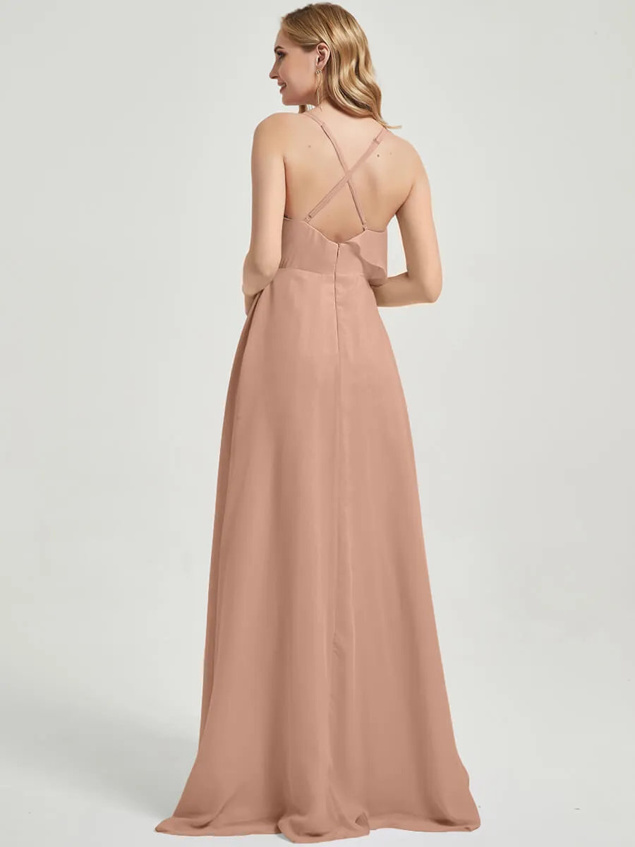 Criss-Cross Straps Ruffles Slit Chiffon Bridesmaid Dress English Rose
