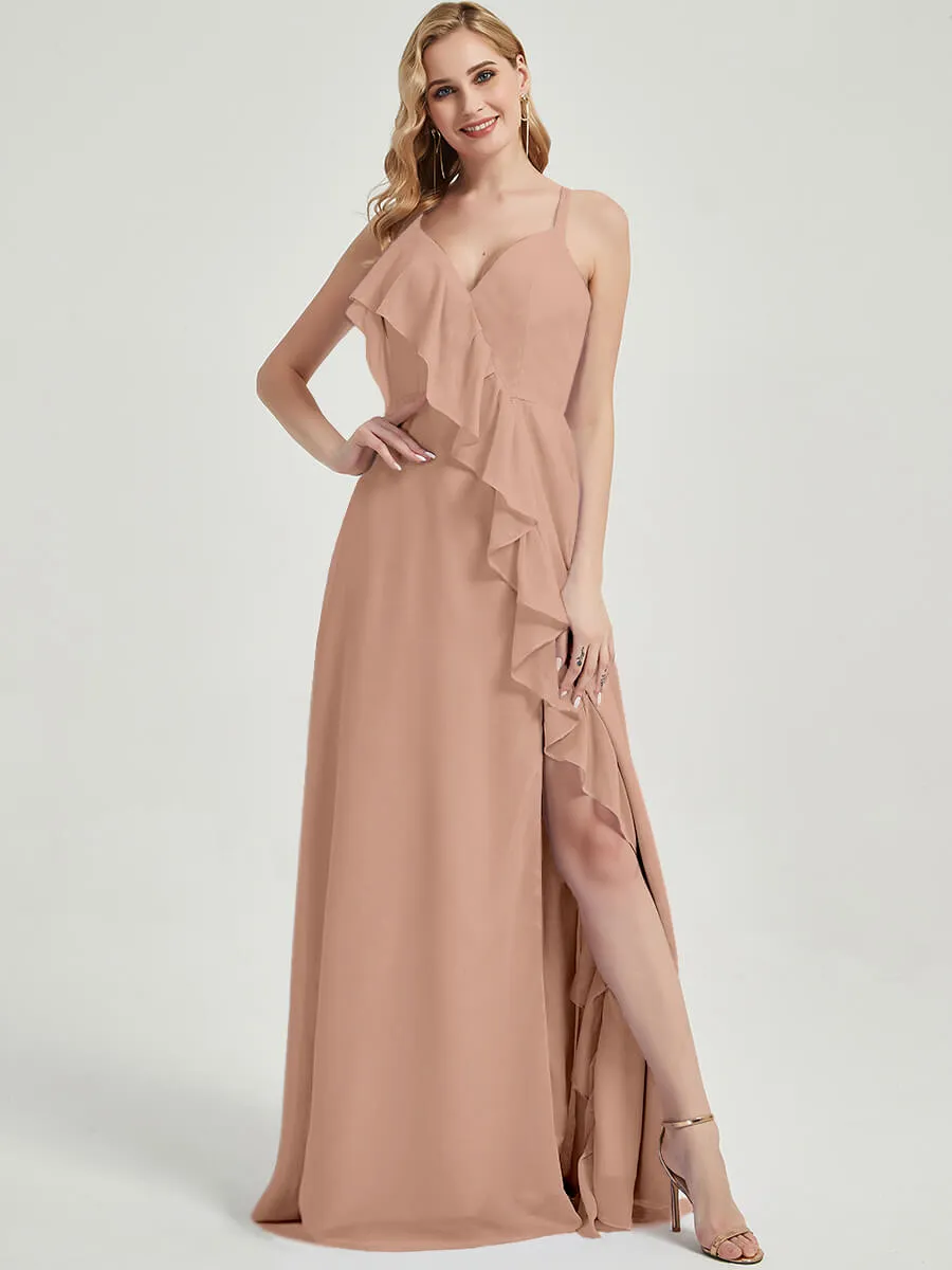 Criss-Cross Straps Ruffles Slit Chiffon Bridesmaid Dress English Rose