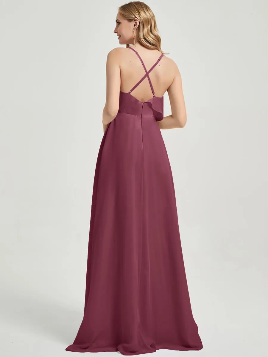 Criss-Cross Straps Ruffles Slit Chiffon Maxi Bridesmaid Dress Mulberry