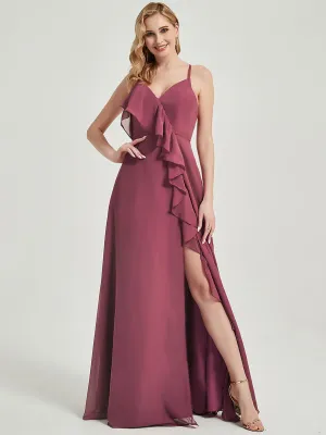 Criss-Cross Straps Ruffles Slit Chiffon Maxi Bridesmaid Dress Mulberry