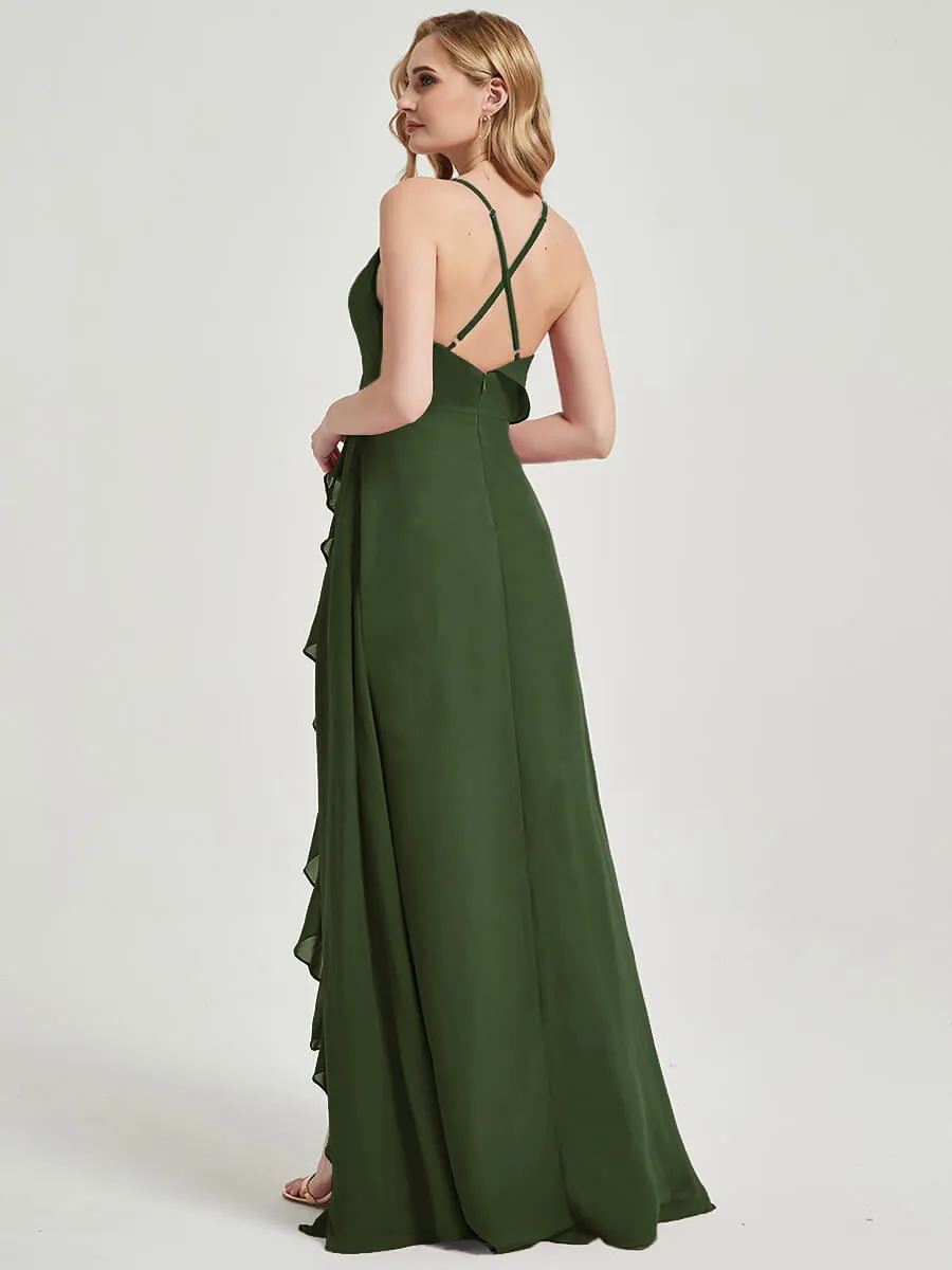 Criss-Cross Straps Ruffles Slit Chiffon Maxi Bridesmaid Dress Olive