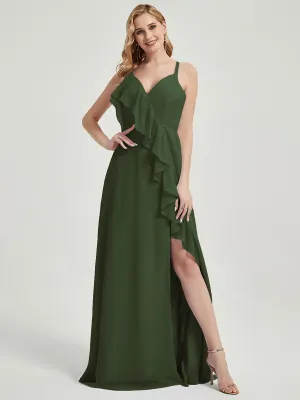 Criss-Cross Straps Ruffles Slit Chiffon Maxi Bridesmaid Dress Olive