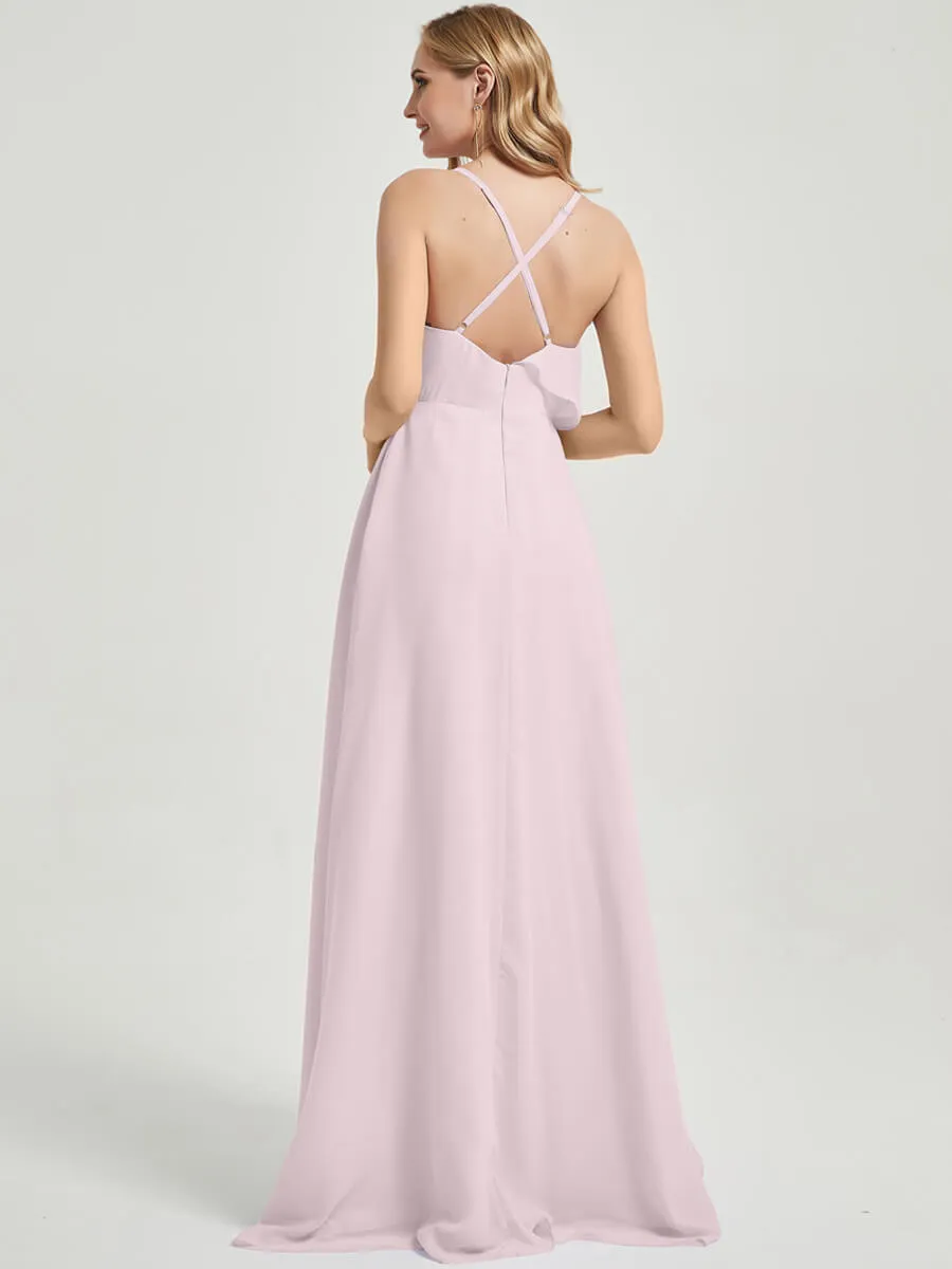 Criss-Cross Straps Ruffles Slit Chiffon Maxi Bridesmaid Dress Pale Rose