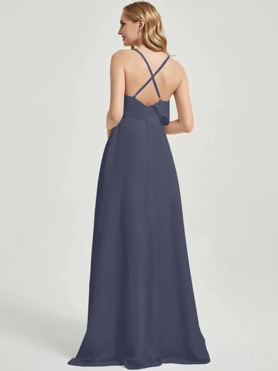 Criss-Cross Straps Ruffles Slit Chiffon Maxi Bridesmaid Dress Stormy