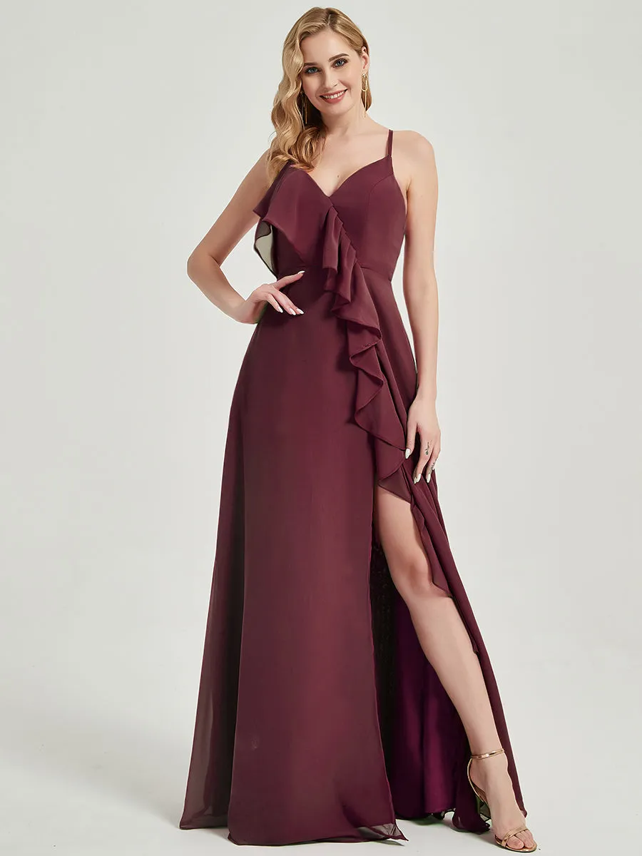 Criss-Cross Straps Ruffles Slit Chiffon Maxi Bridesmaid Dress Stormy