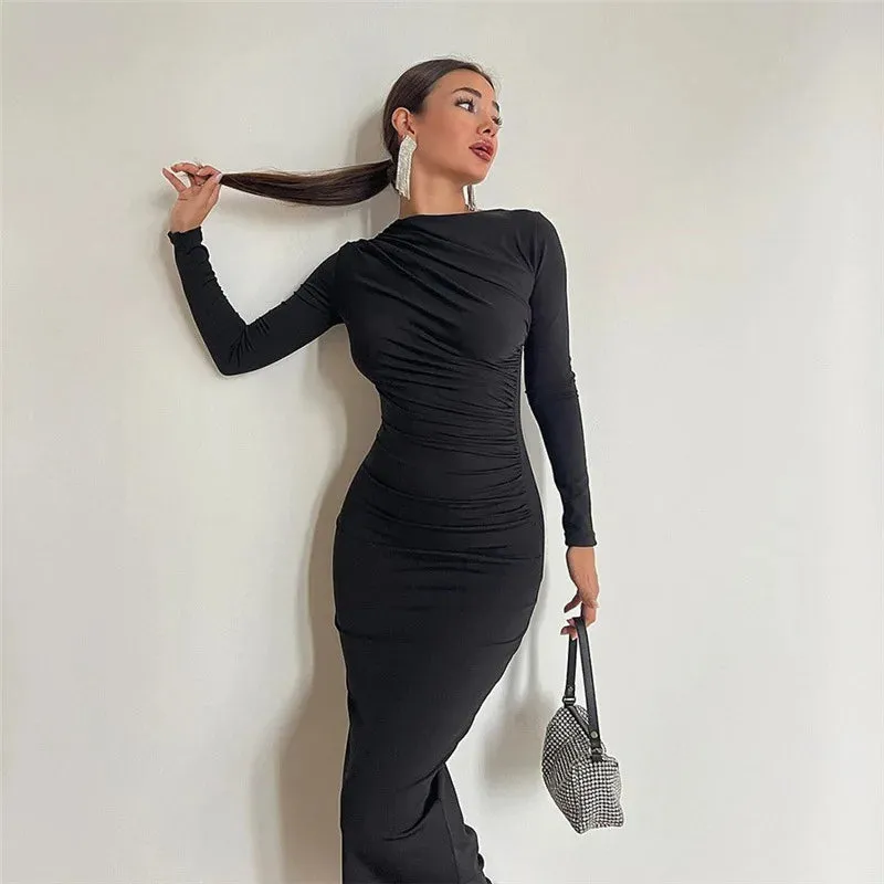 Cryptographic Autumn Elegant Ruched Long Bodycon Dress