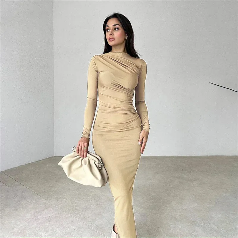 Cryptographic Autumn Elegant Ruched Long Bodycon Dress