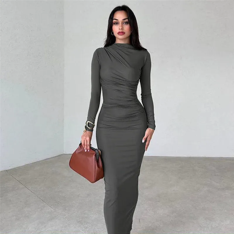 Cryptographic Autumn Elegant Ruched Long Bodycon Dress